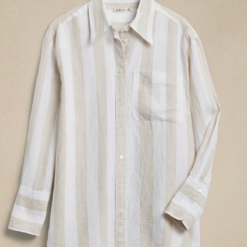 Banana Republic Oversized  linen Tan and White Top